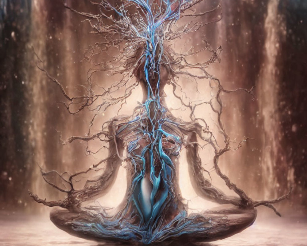 Surreal artwork: person in meditative pose with tree growing from body