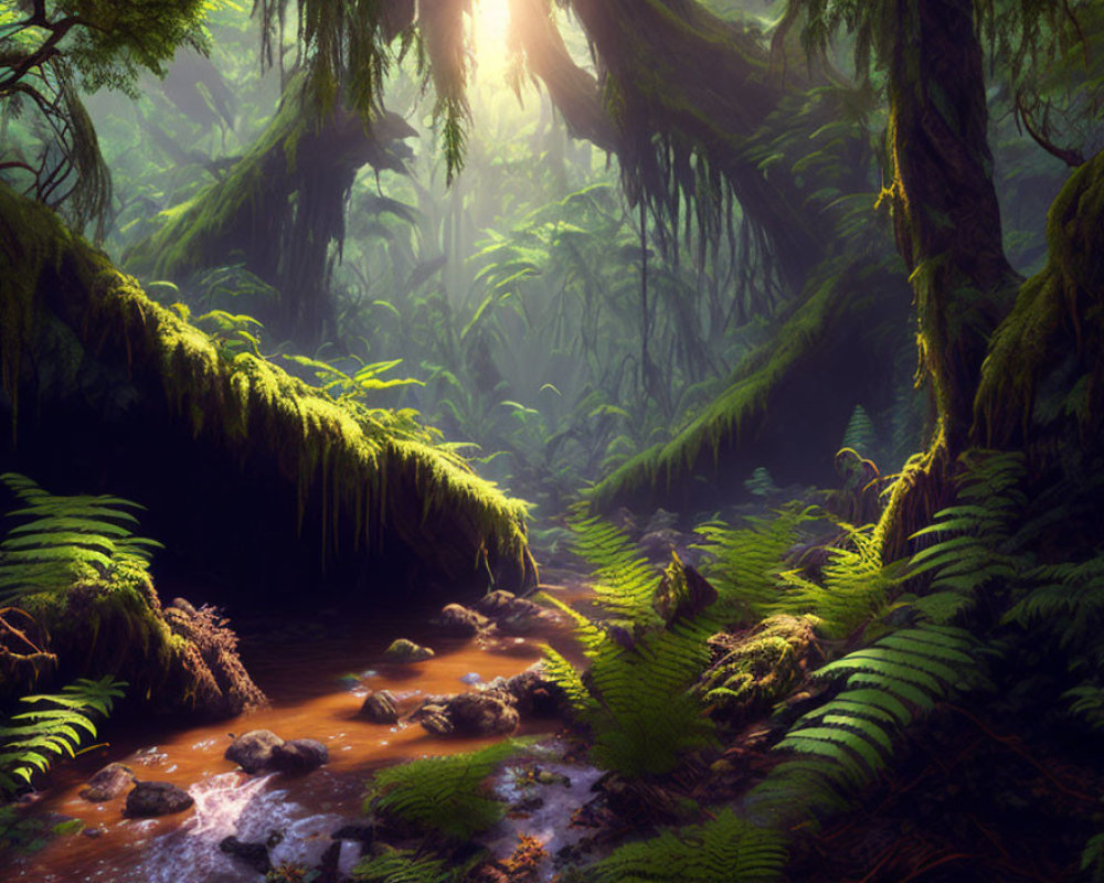 Misty forest scene with sunlight, ferns, moss-covered trees, and a serene stream