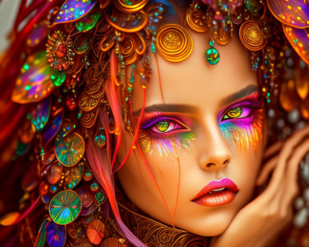 Colorful Portrait of Woman with Elaborate Headdress and Makeup