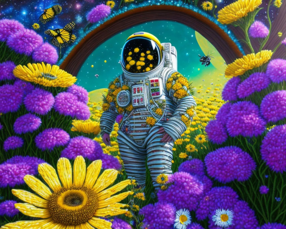 Astronaut surrounded by purple and yellow flowers with bees in cosmic setting