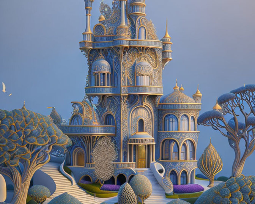 Ornate castle with spires and round towers in a whimsical setting