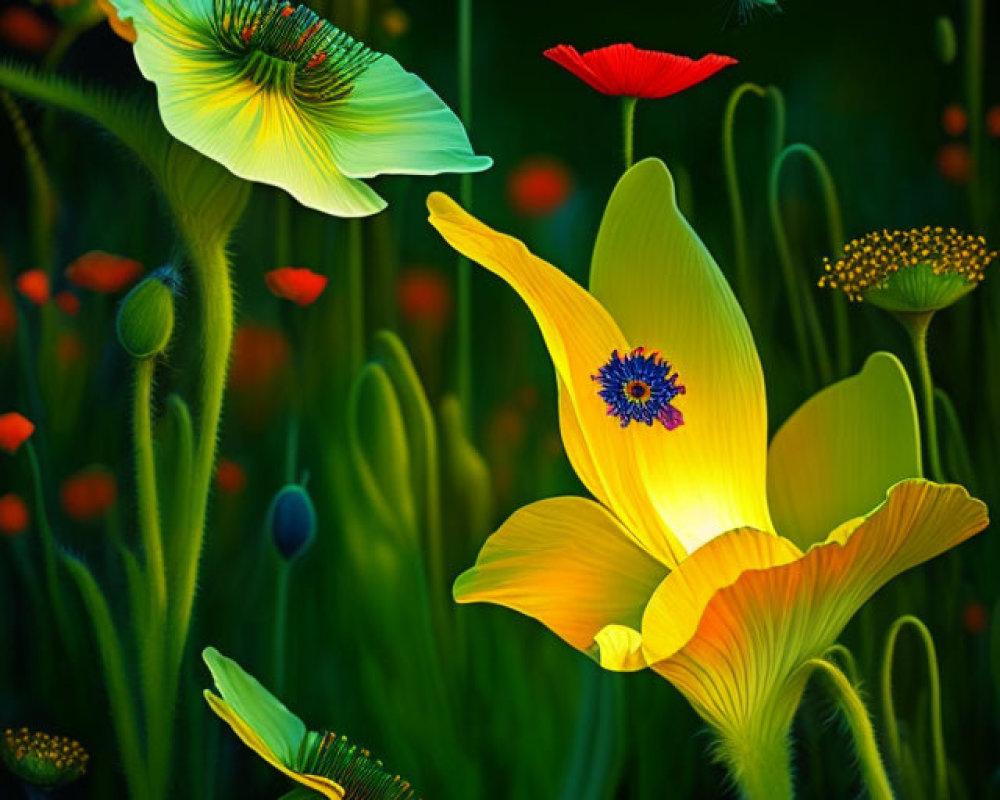 Colorful digital artwork: Glowing flowers and butterfly on dark background