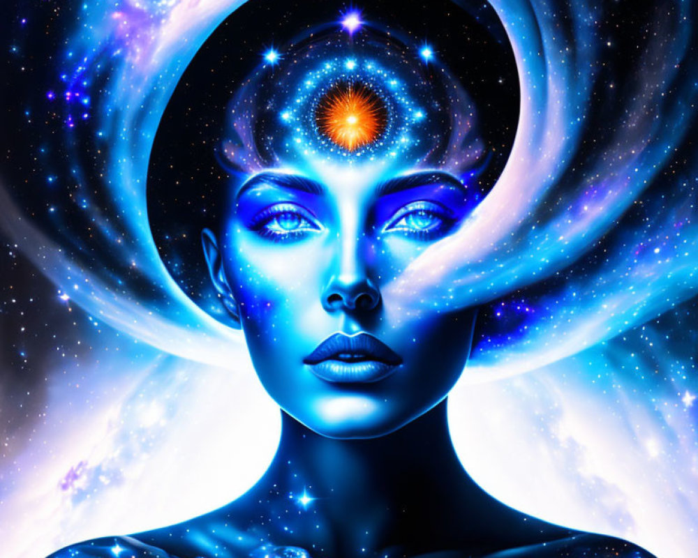 Cosmic-themed digital artwork with figure in blue skin.