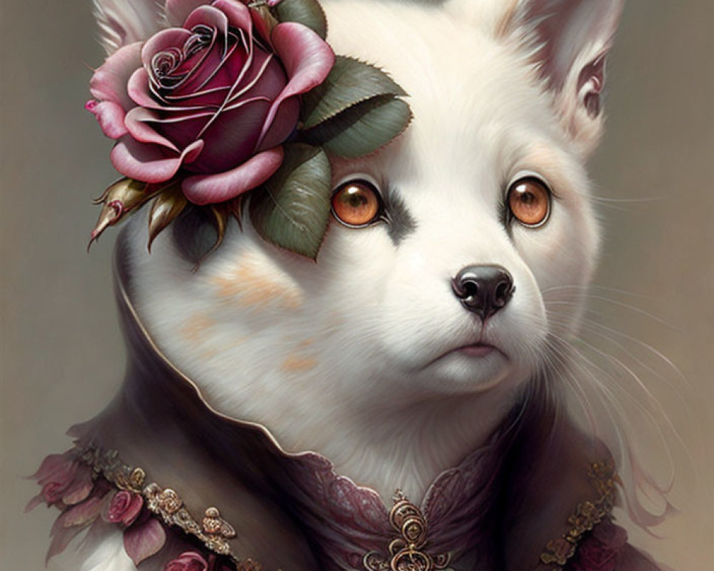 Detailed White Fox Illustration with Pink Rose, Leaf Crown, and Floral Cape