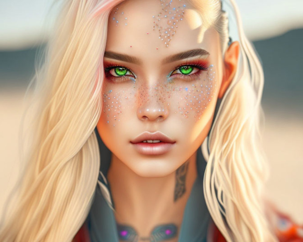 Digital portrait of woman with long blonde hair, green eyes, colorful makeup, rainbow hair highlights, and
