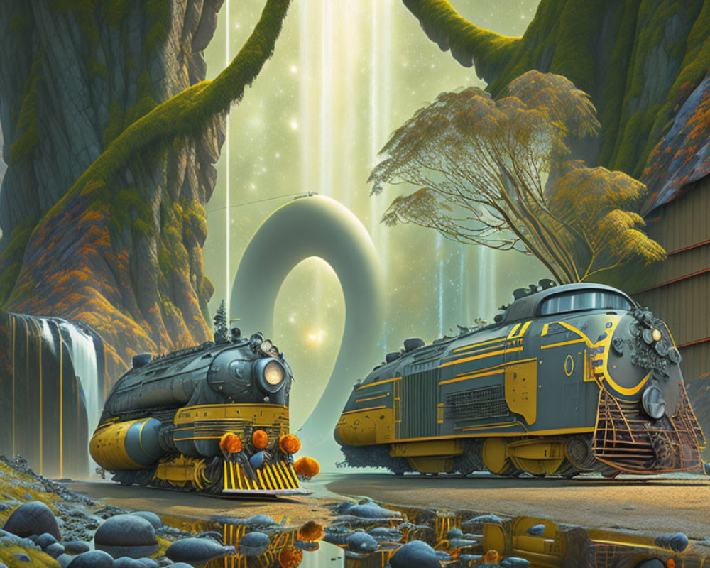 Retro-futuristic trains in fantastical valley with luminous ring structure