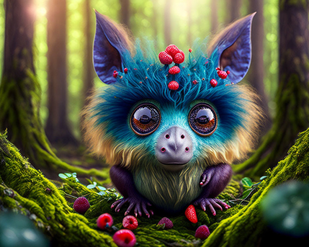 Blue-furred creature with bat-like ears in enchanted forest among berries