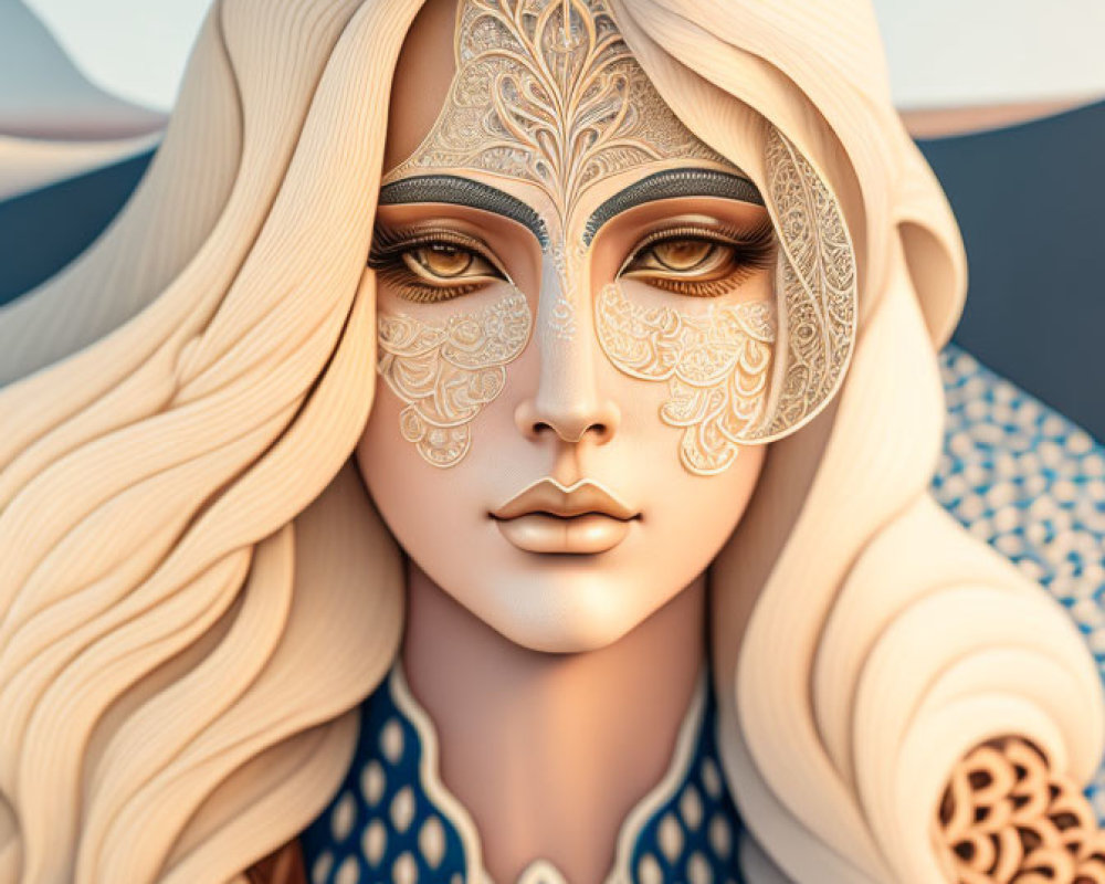 Woman with ornate gold facial tattoos and flowing hair in blue garment against mountainous backdrop.