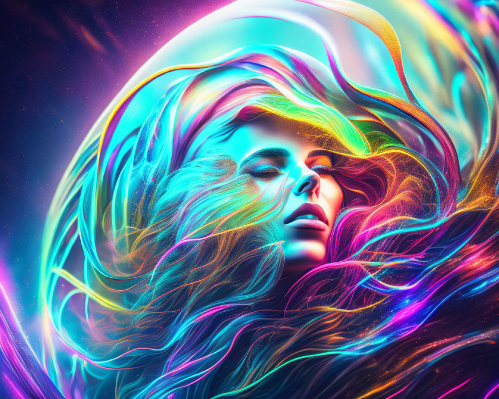 Colorful digital artwork: Woman with flowing hair on neon cosmic background