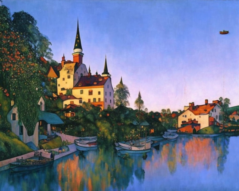 Castle by Lake at Dusk with Reflection, Boats, and Hot Air Balloon