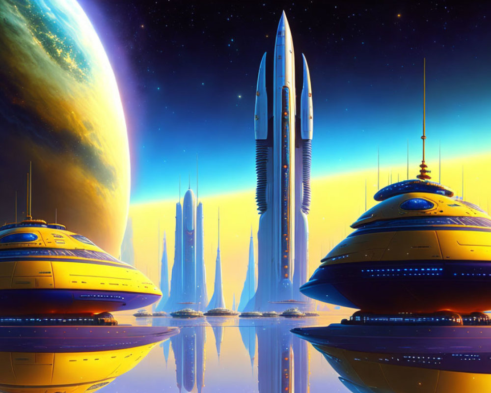 Futuristic cityscape with sleek buildings and spaceships under starry sky