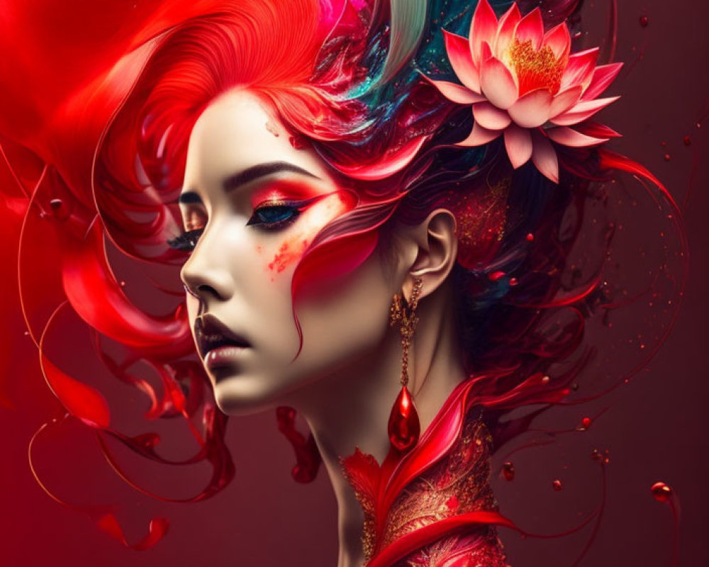 Vibrant digital artwork: Woman with red hair and colorful swirls, pink lotus flower on