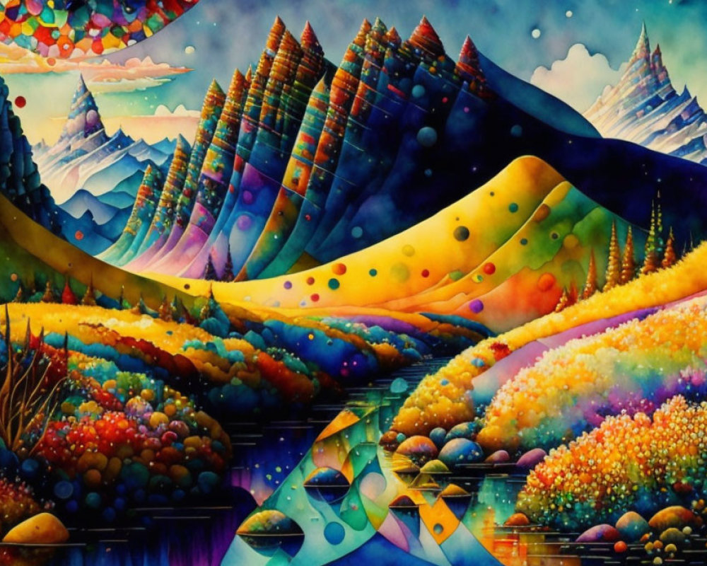 Colorful Landscape Painting with Fantastical Mountains and Rivers