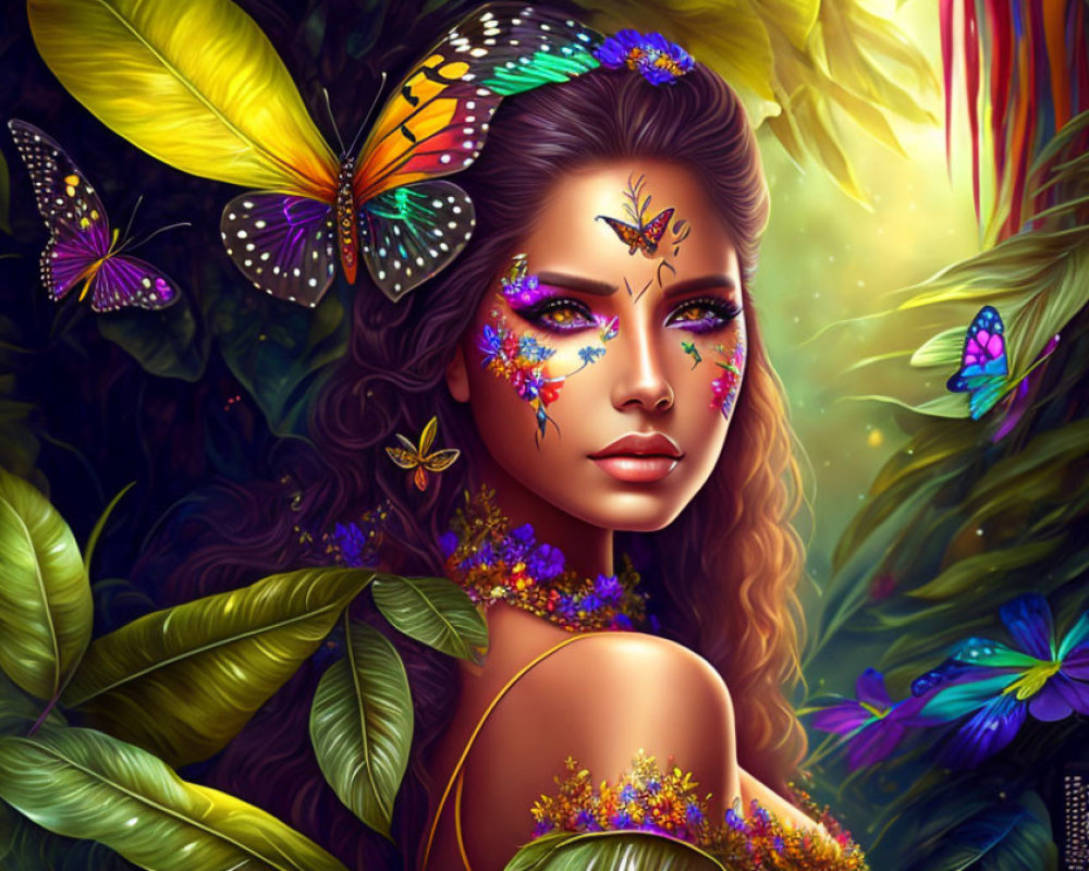 Digital Artwork: Woman with Butterfly Makeup in Lush Greenery