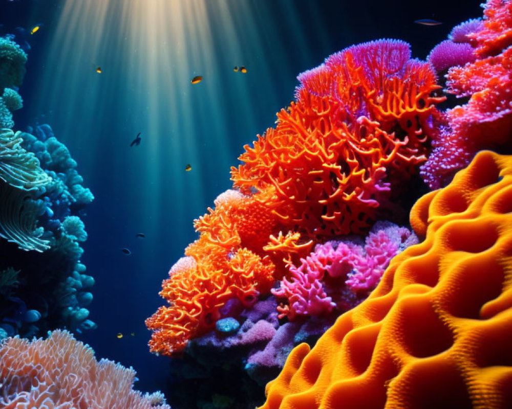 Vibrant Coral Reef with Sunbeams and Small Fish