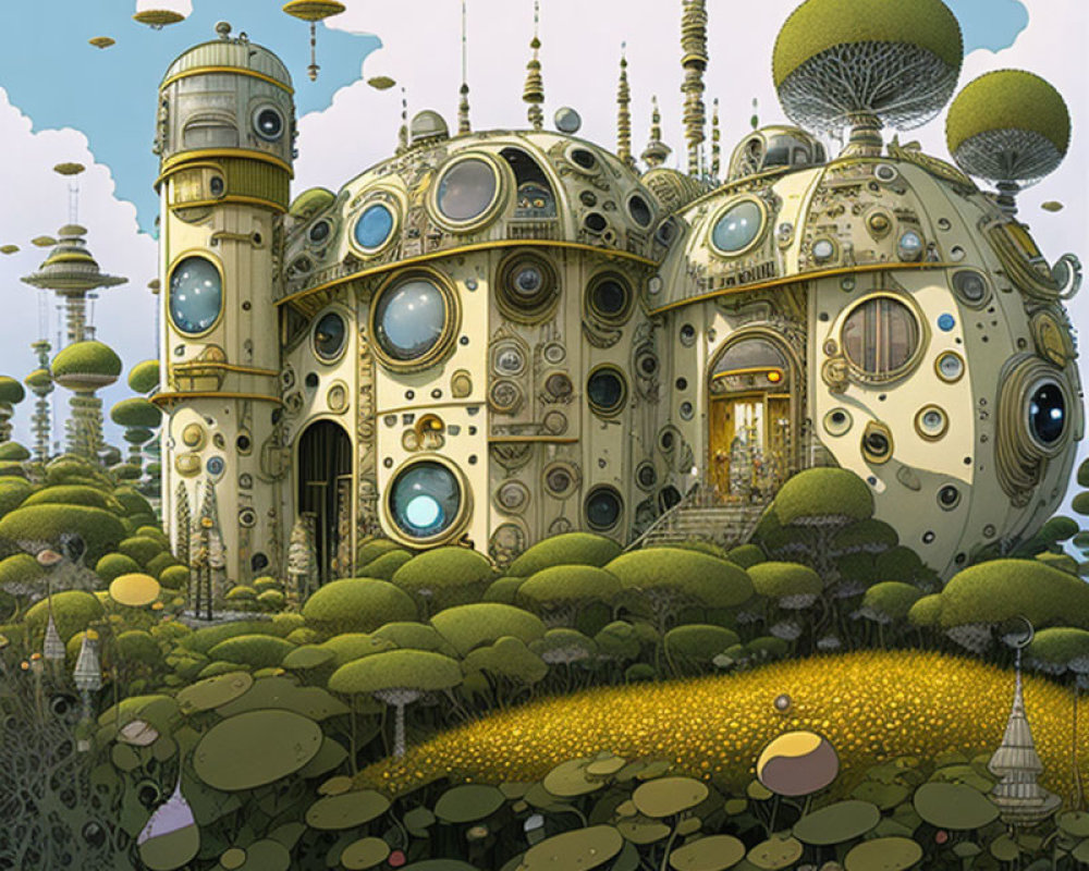 Steampunk-style structure with circular windows in lush greenery