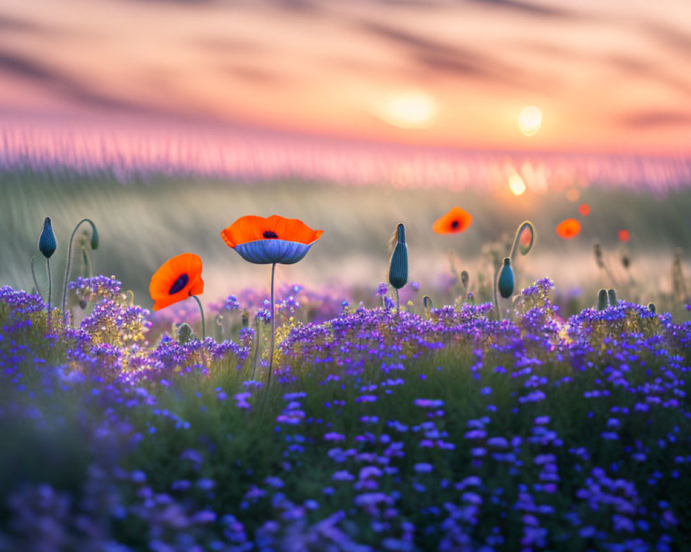 Purple Wildflowers and Red Poppies in Sunset Field