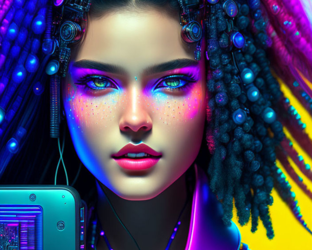Colorful digital artwork: Woman with braided hair & cybernetic enhancements