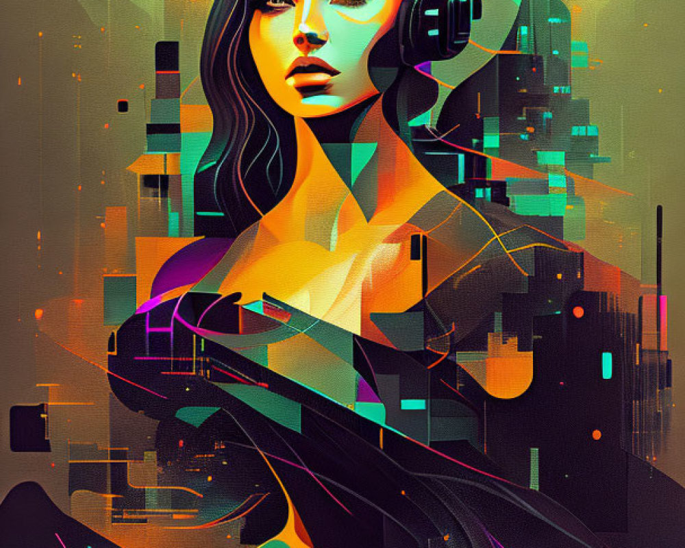 Vibrant digital artwork: Woman with headphones in futuristic cityscape