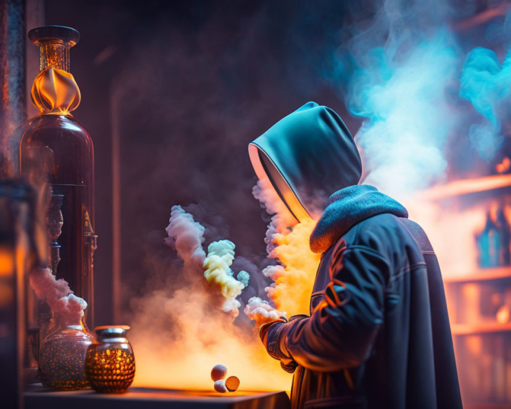 Hooded Figure in Colorful Mystic Smoke with Glass Vessels