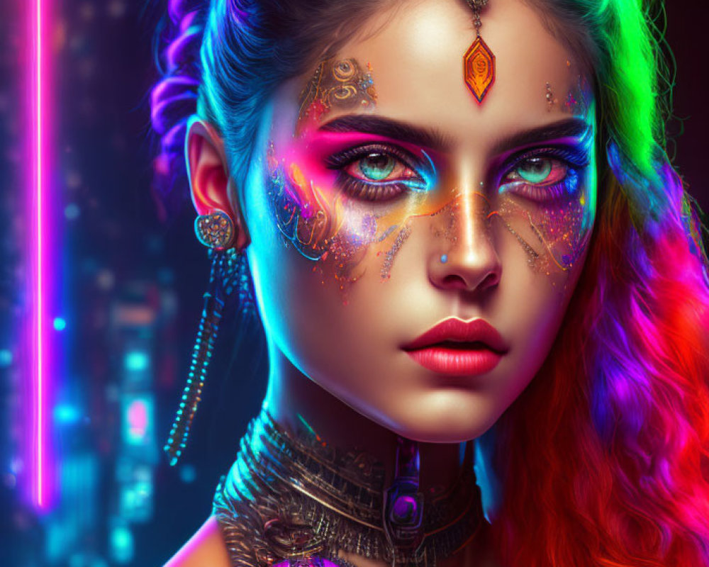 Woman with Vibrant Neon Makeup and Jewels in Futuristic Cityscape