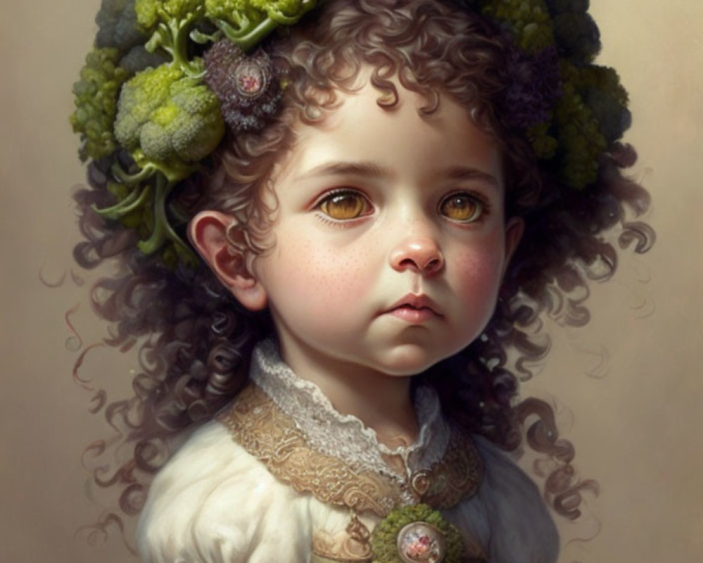 Digital painting of young girl with curly hair in broccoli headpiece & vintage dress with cameo brooch