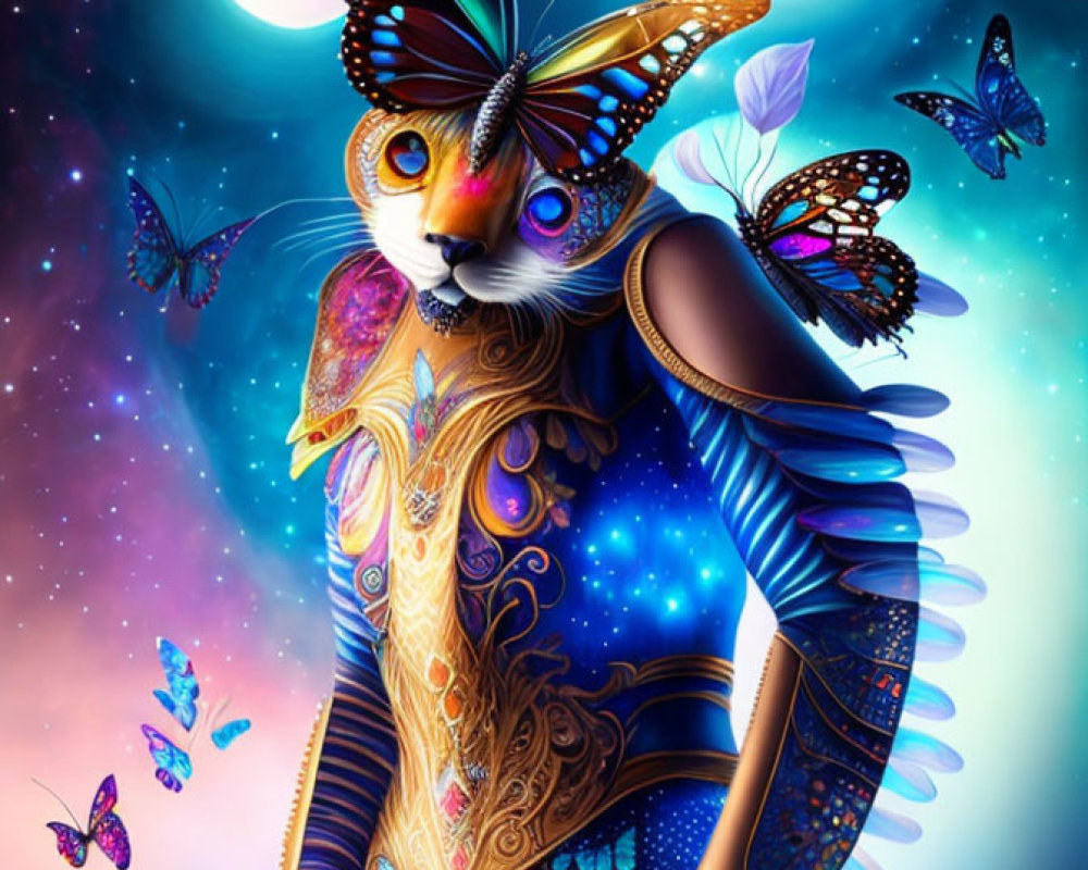 Fantasy Cat with Butterfly Features in Cosmic Setting