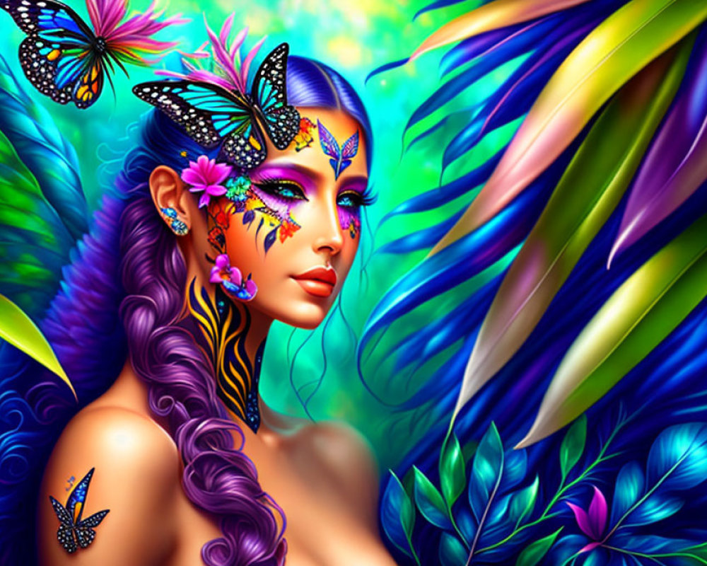 Colorful digital artwork featuring woman with purple hair and butterfly adornments