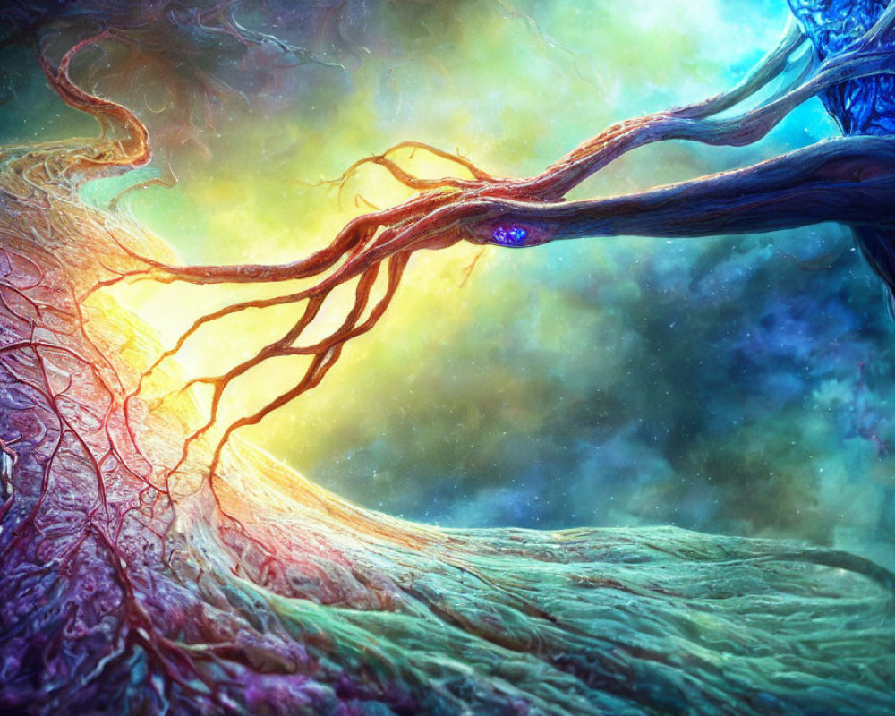 Colorful fantasy landscape with massive tree-like structures in cosmic background