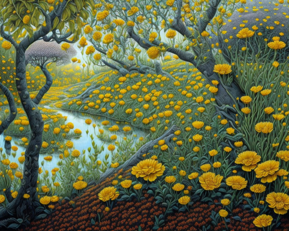 Colorful Landscape Painting with Yellow Blossoms, Green Trees, and Blue Stream