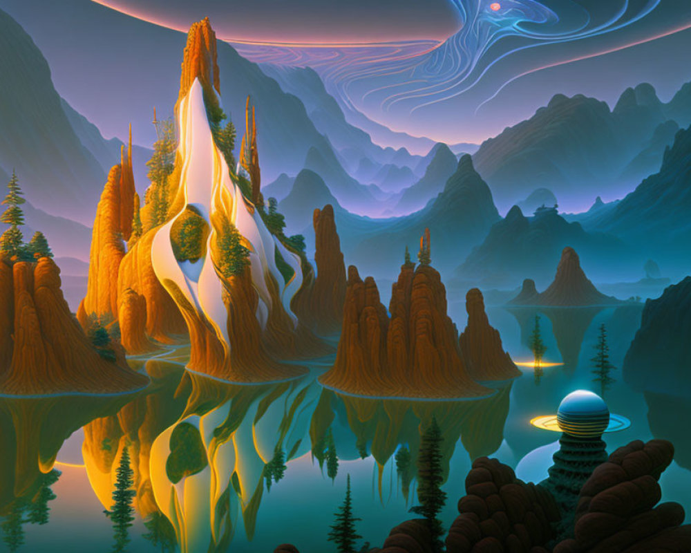 Vibrant warm-hued rock formations in surreal landscape