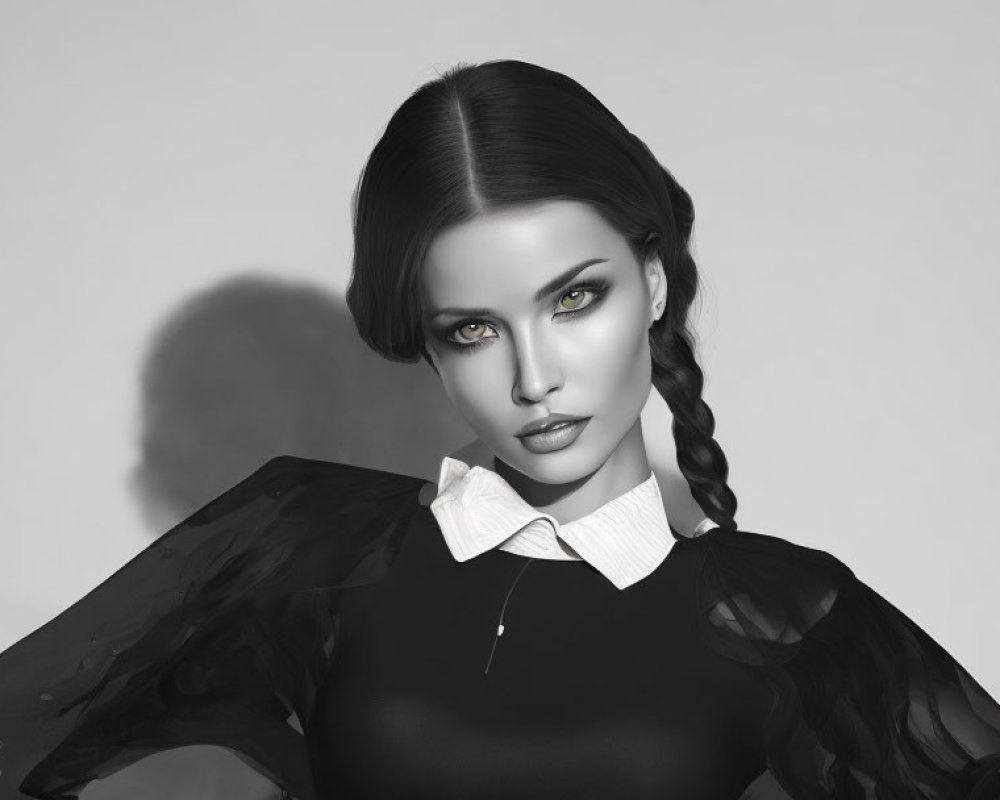 Monochrome portrait of woman with striking eyes and sleek braid in sheer blouse