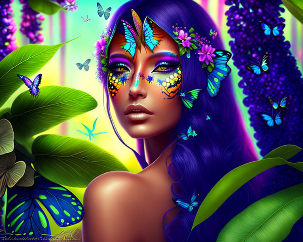 Colorful digital portrait of woman with butterfly makeup and floral hair amidst butterflies and greenery