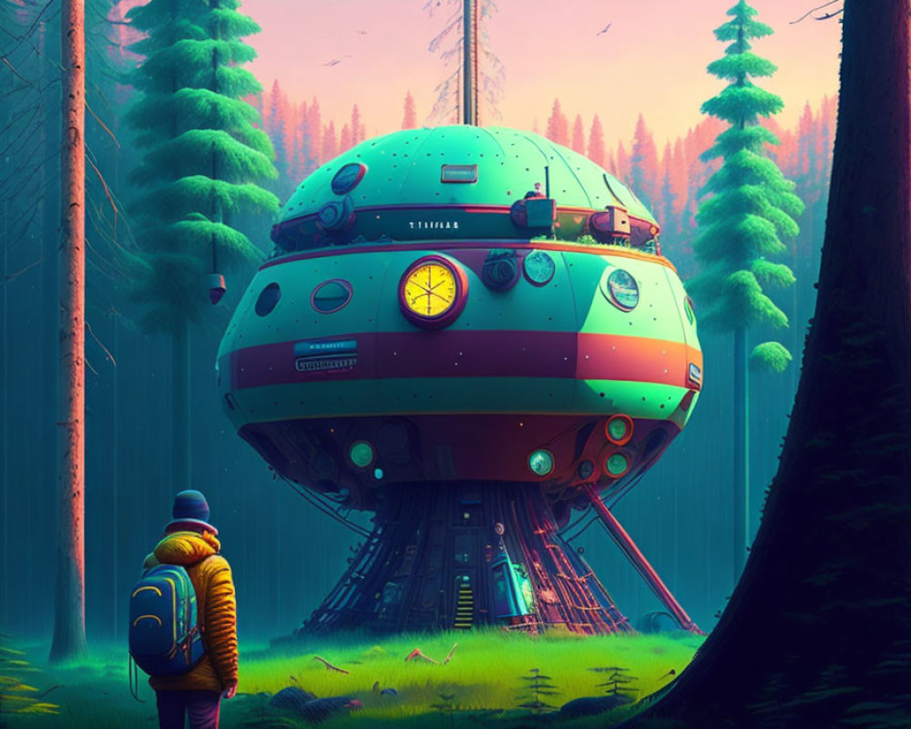 Backpack-wearing person in front of large sphere in misty forest