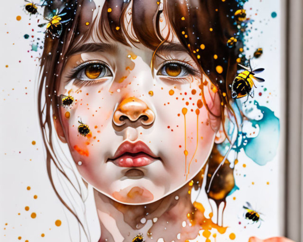 Vibrant portrait of young girl with paint splashes and bees.