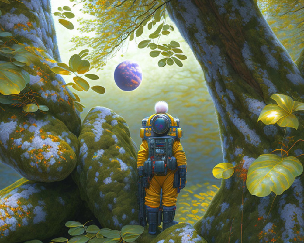 Yellow-suited astronaut gazes at distant planet in ethereal forest scene