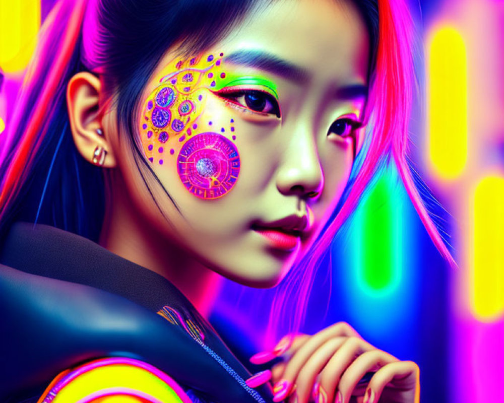 Woman with vibrant face art against neon-lit background.