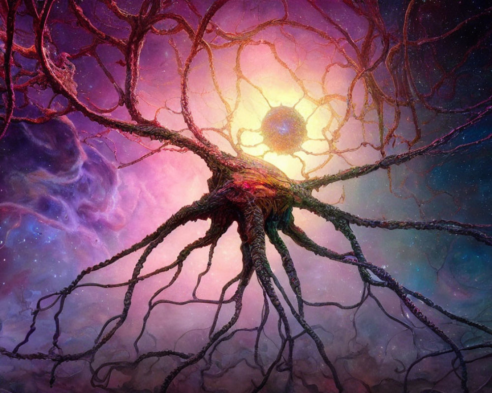 Colorful cosmic tree structure amidst nebula clouds and bright star
