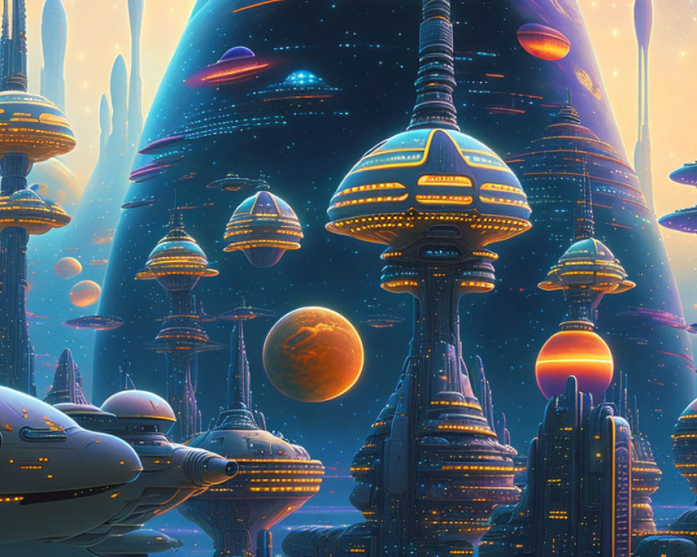 Futuristic sci-fi cityscape with spacecraft and planets