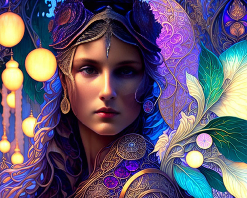 Fantasy woman with intricate patterns, orbs, butterfly, crown, and tattoos