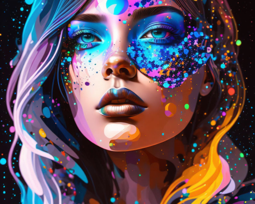Vibrant digital portrait of a woman with cosmic-inspired splashes and dots