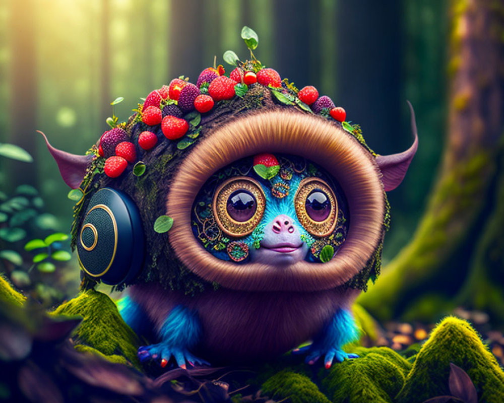 Whimsical creature with expressive eyes in forest setting with headphones