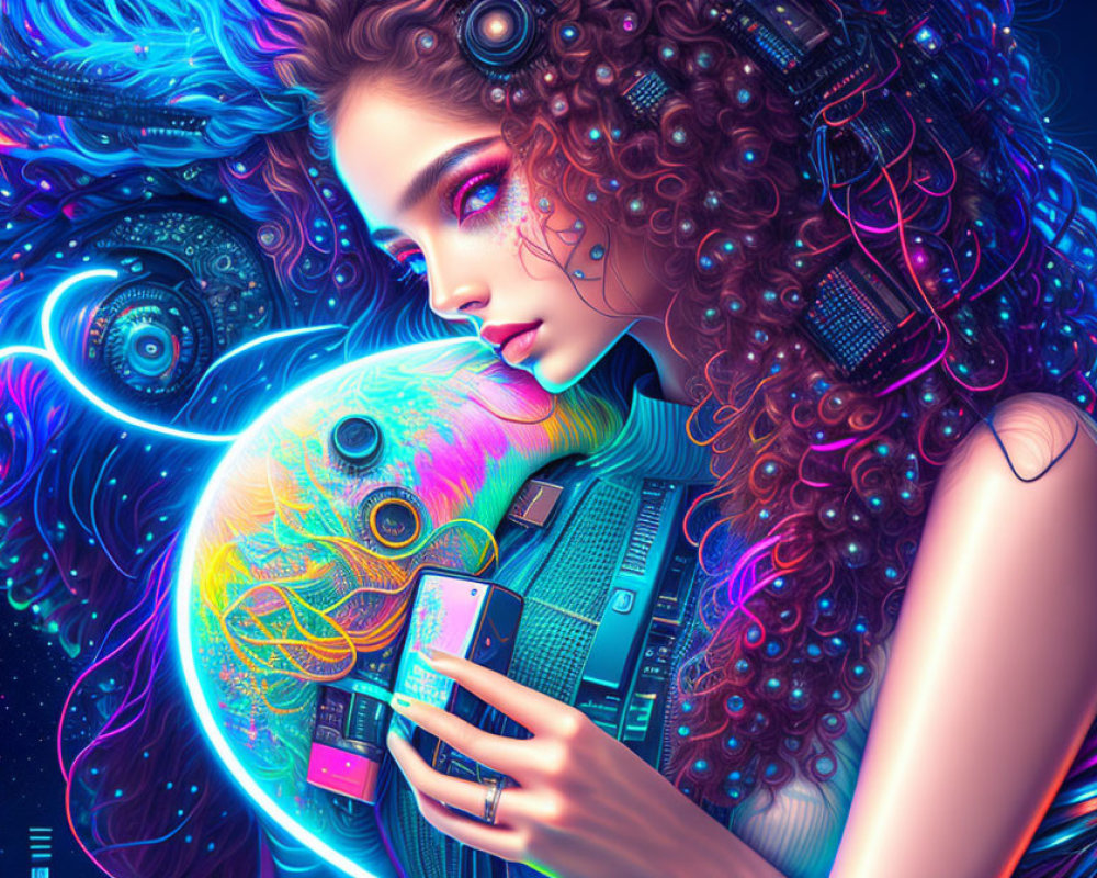 Woman with Curly Hair and Cybernetic Enhancements Holding Glowing Orb