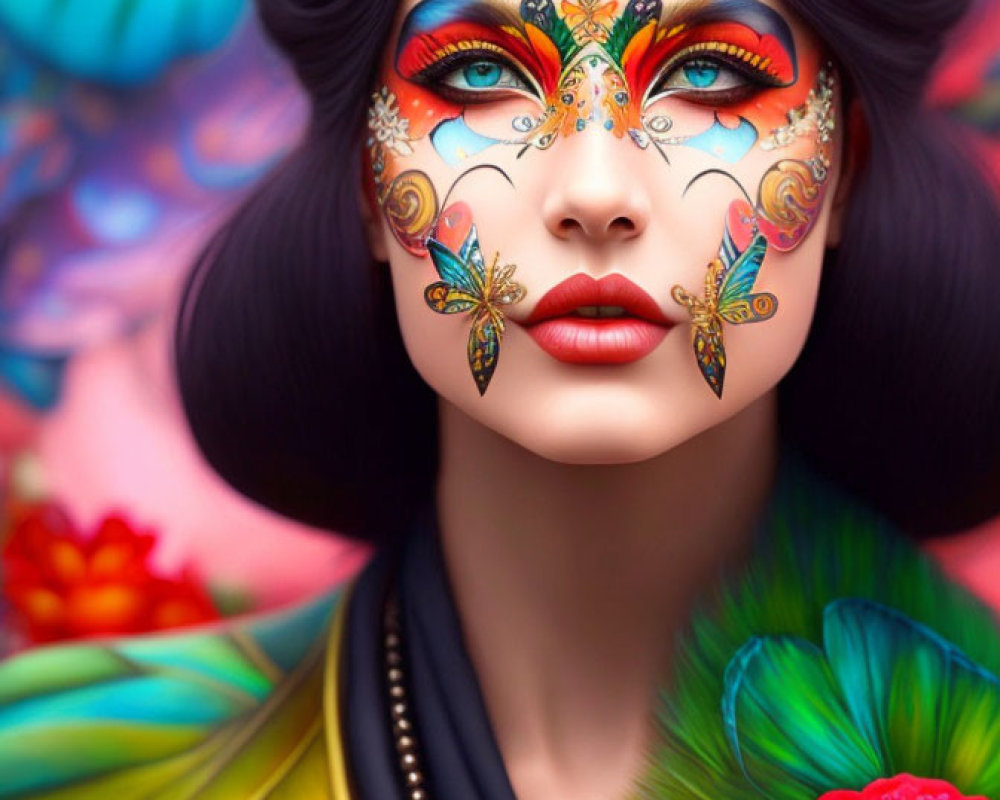 Colorful Portrait of Woman with Butterfly and Floral Face Paint