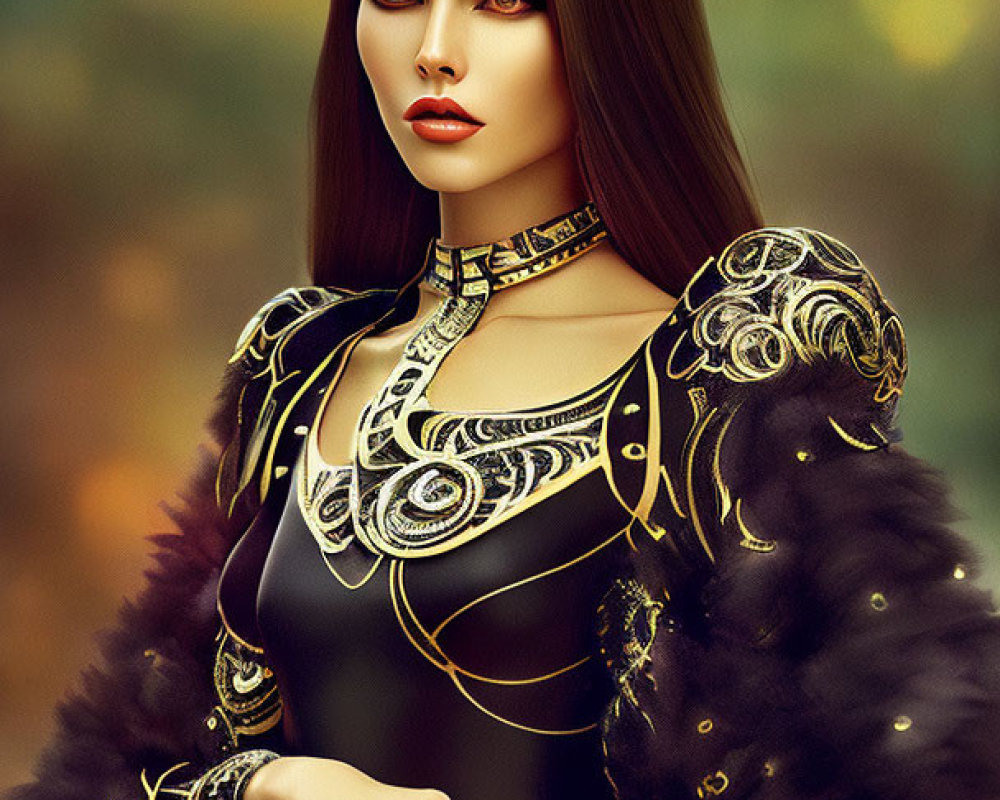 Stylized portrait of woman in gold and black dress against bokeh background