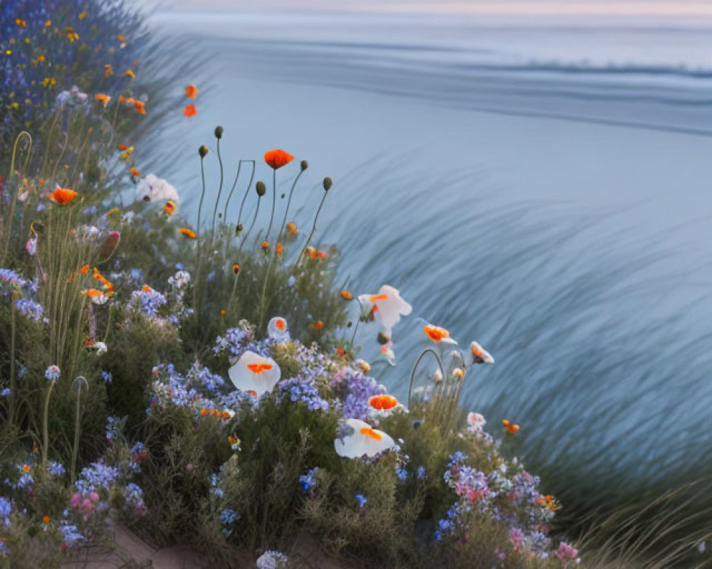 Wildflowers on dune with blurry seascape at sunset
