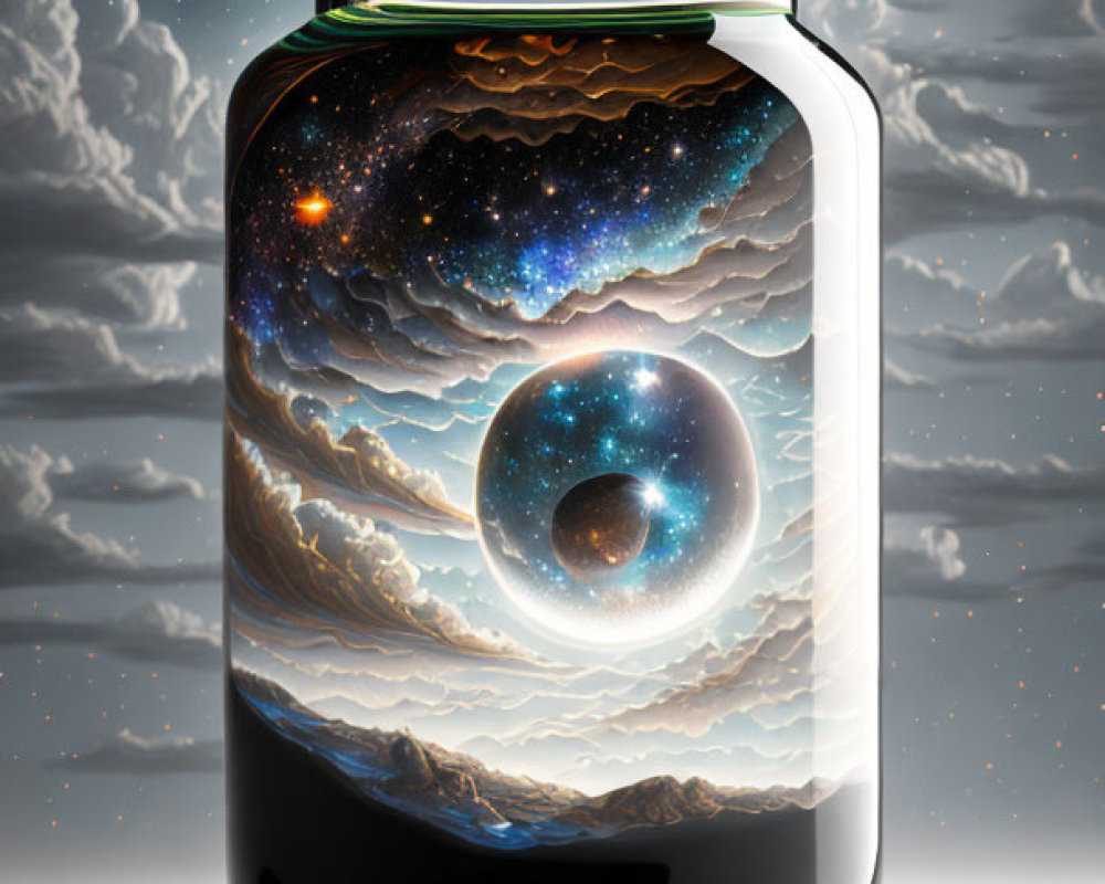 Digital Artwork: Glass Jar with Cosmic Scene of Stars, Clouds, and Planets