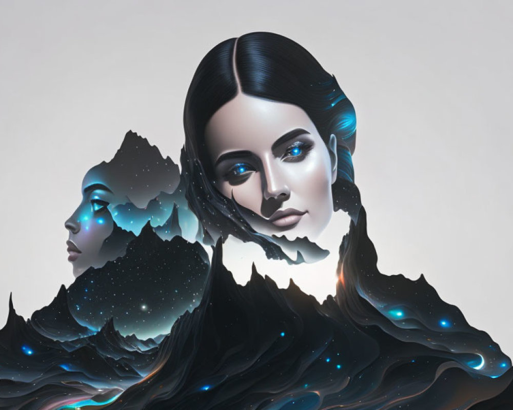 Surreal illustration: Woman's face with mountain landscapes in her hair