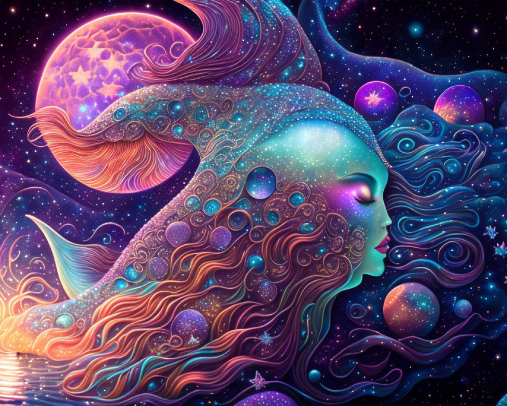 Woman's profile with cosmic hair and moon - detailed illustration