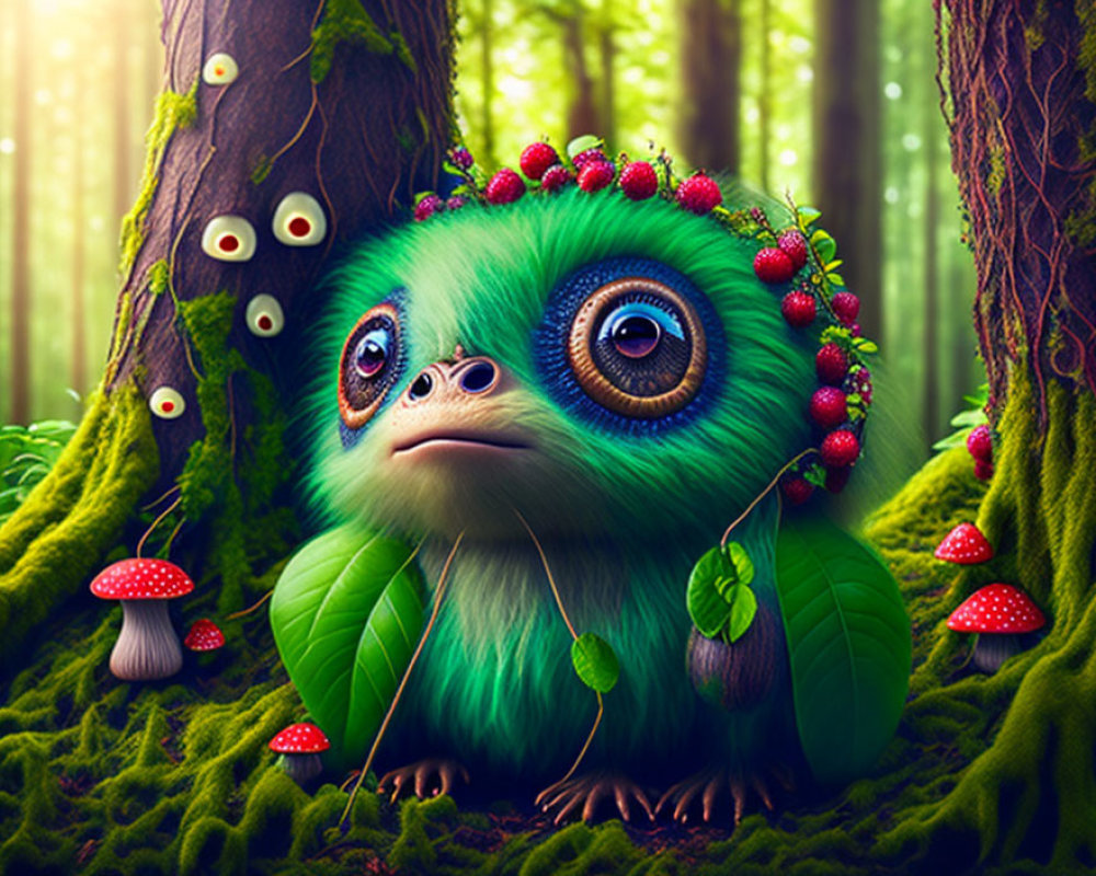Vibrant illustration of whimsical creature in enchanted forest
